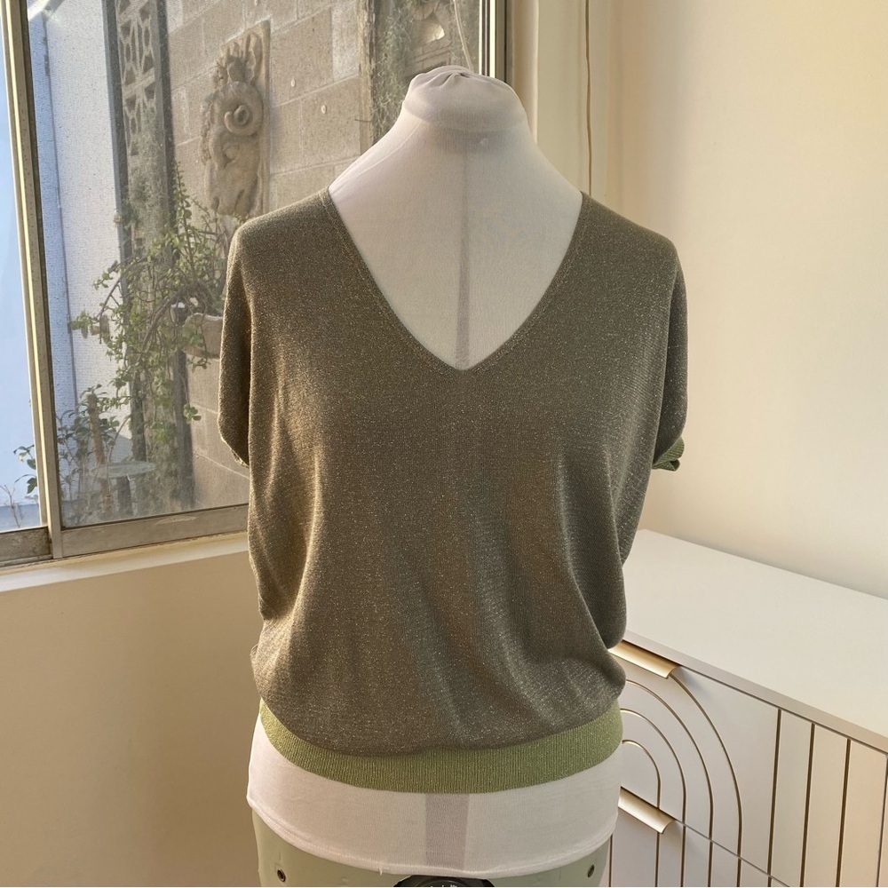 FRNCH Shimmer V-Neck Knit Tee, Size S/M